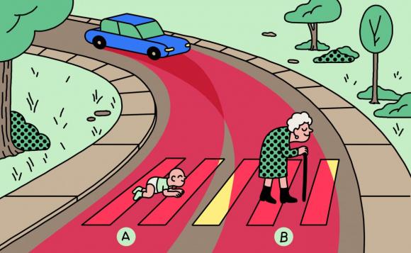 Illustration of a dog and elderly woman crossing a street