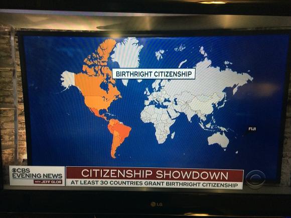 A map of the world highlighting countries with birthright citizenship